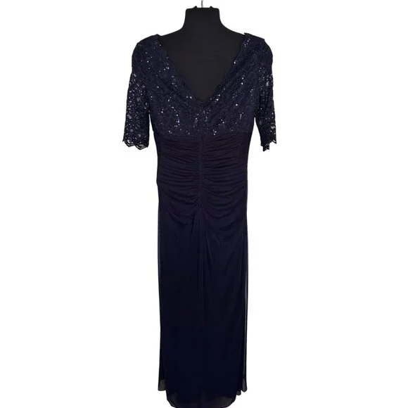 Betsy & Adams 16 Navy Blue Sequin Lace Bodice Gown Ruched Skirt & Beaded Detail - Picture 7 of 11